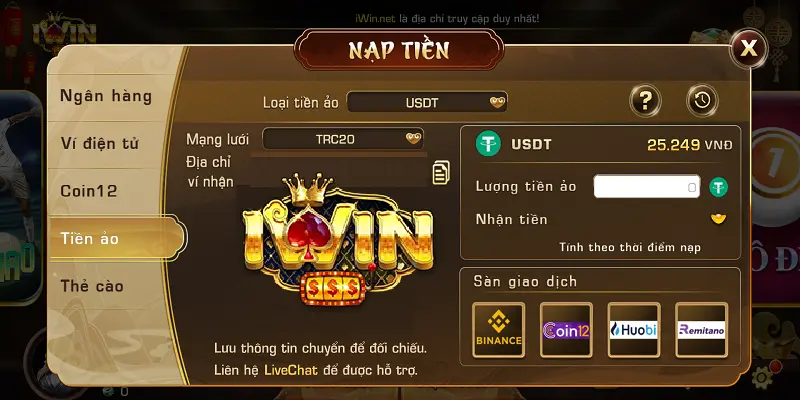 Quy trình nạp tiền ảo TRC20 tại iwin một cách chi tiết